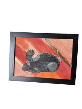 Framed Black Squirrel Illustration on Orange-Pink Abstract Background